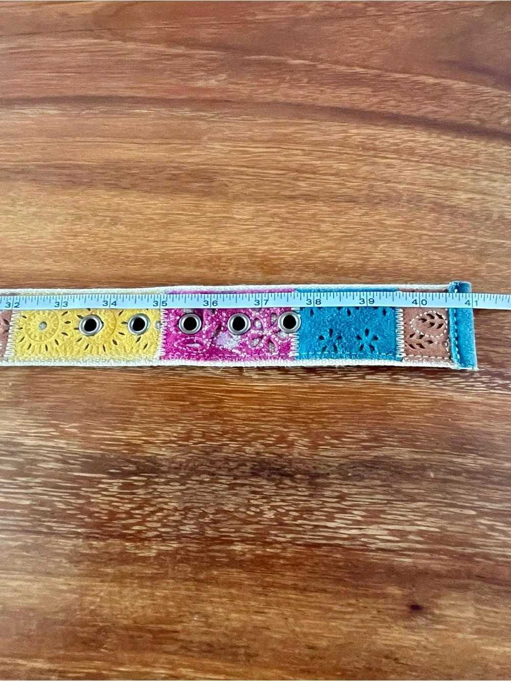 Vintage Fossil Multicolor Suede Patchwork Belt Eyelet Boho Floral Canvas Lined M